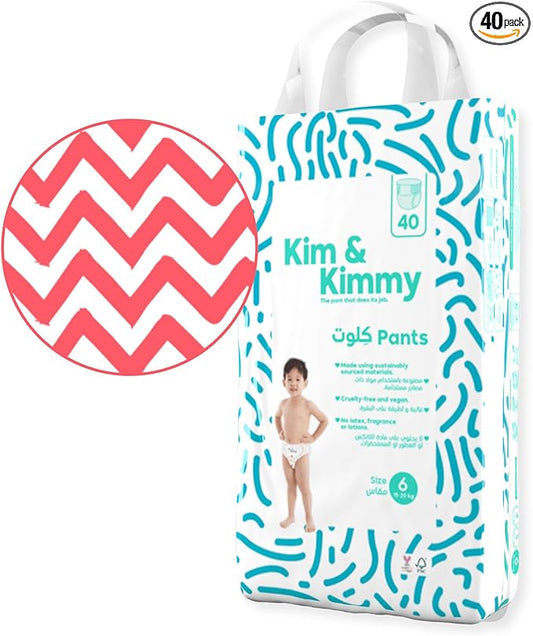 Kim & Kimmy Eco Diaper Pants, Size 6, 33-44 lbs, 40 Pants - 12 Hour Leak Protection, No Rashes, Hypoallergenic, Ultra-Soft & Highly Absorbent - Cruelty Free & Vegan - Zig Zag Swag