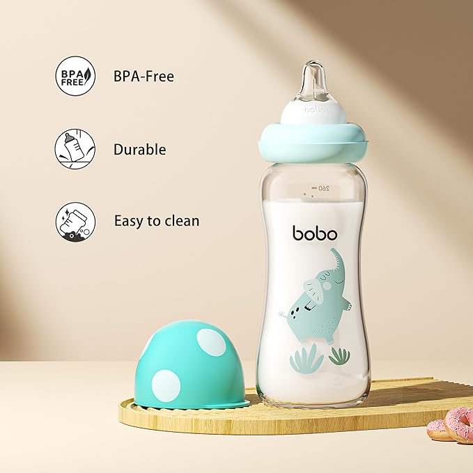 YOHKOH Natural Glass Baby Bottle with Level 2 Medium Flow Nipple, Newborn Anti-Colic Baby Bottles, Wide Neck Mushroom Baby Glass Bottle (8.8ounce (Pack of 2), Blue2)