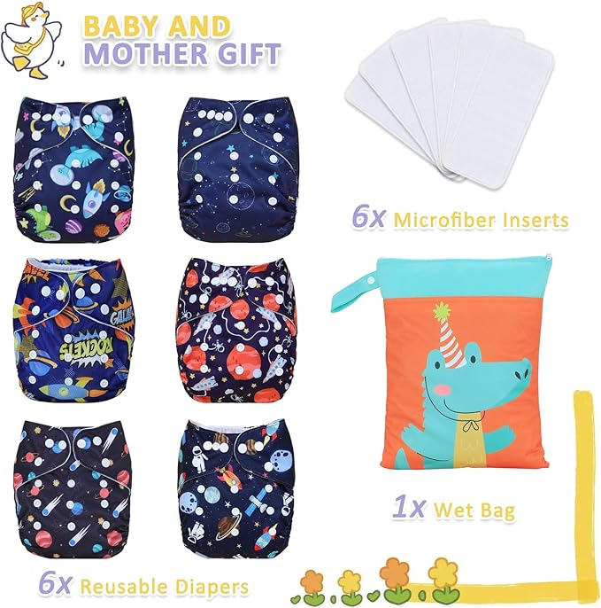 TDIAPERS Cloth Diapers Reusable Washable Pocket Diapers Cover One Size Adjustable for Baby Snaps Cloth Diapers Nappy 6 Pack with 6 Pcs Microfiber Inserts,1 Wet Bag