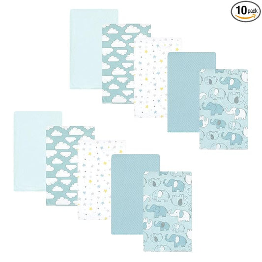 Hudson Baby Unisex Baby Cotton Flannel Burp Cloths, Boy New Elephant 10-Pack, One Size