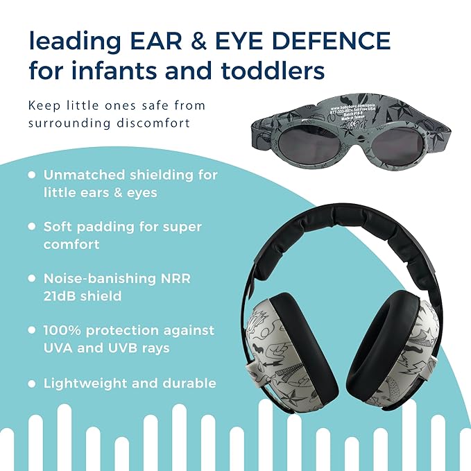 BANZ Baby Earmuffs Infant and Toddler Hearing Protection Headphones - Packaged Sunglasses Ages 0–2 Years – Ultimate Child Ear and Eye Protection – Stop Noise – Block Sun (Doodle Grey)