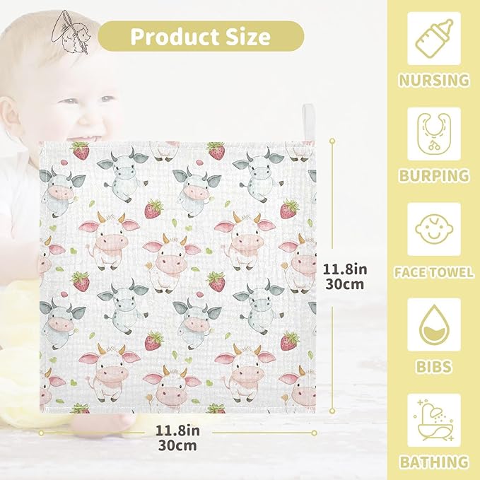 vvfelixl Baby Muslin Washcloths Cow Pink Cartoon Strawberry Baby Burp Cloths Cotton Babys Face Towel for Newborn Infants Boys Girls Soft and Absorbent 11.8 X 11.8 in, 3 Pack