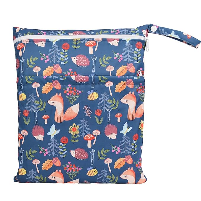 Wet Bag Baby Cloth Diaper Nappy Bag Reusable Washable With Two Zippered Pockets (Fox Hedgehog)