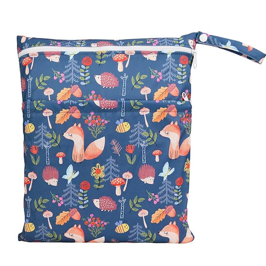 Wet Bag Baby Cloth Diaper Nappy Bag Reusable Washable With Two Zippered Pockets (Fox Hedgehog)