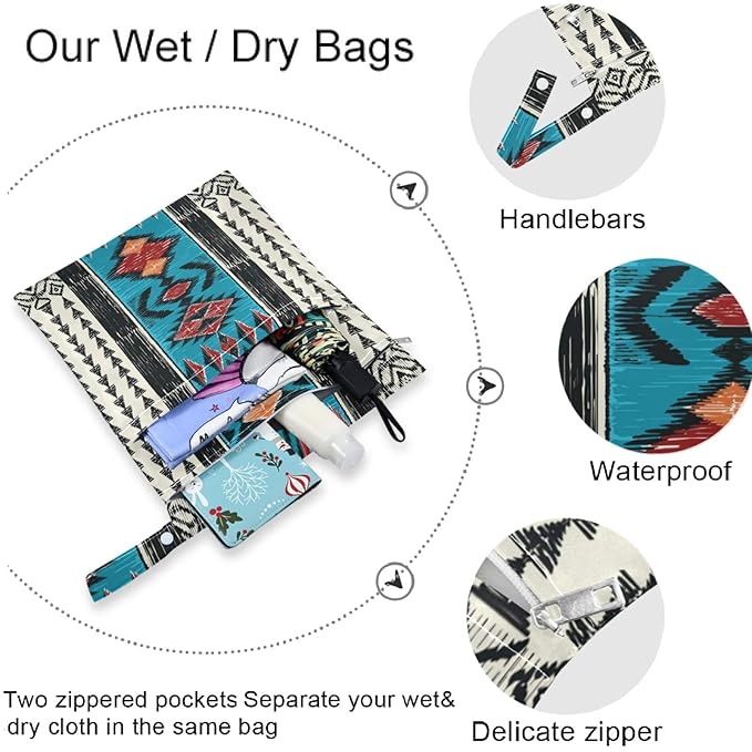 visesunny Tribal Aztec Geometric Pattern 2Pcs Wet Bag with Zippered Pockets Washable Reusable Roomy for Travel,Beach,Pool,Daycare,Stroller,Diapers,Dirty Gym Clothes, Wet Swimsuits, Toiletries