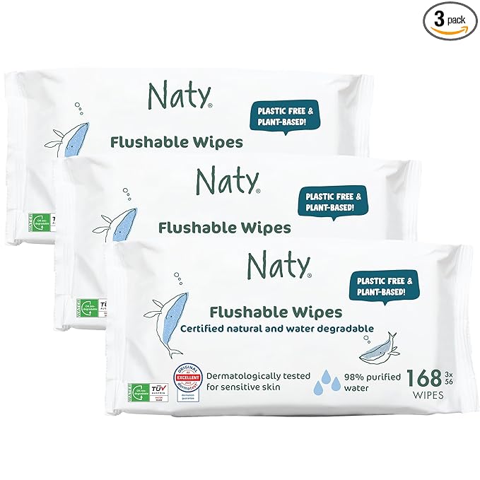 Naty Flushable Baby Wipes | 98% Water, Hypoallergenic & Natural for Sensitive Skin | Unscented, Fragrance-Free, Plant-Based | Plastic-Free, Water-Degradable | Newborn & Toddler | 168 Count (3 Packs)