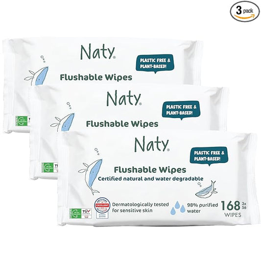 Naty Flushable Baby Wipes | 98% Water, Hypoallergenic & Natural for Sensitive Skin | Unscented, Fragrance-Free, Plant-Based | Plastic-Free, Water-Degradable | Newborn & Toddler | 168 Count (3 Packs)