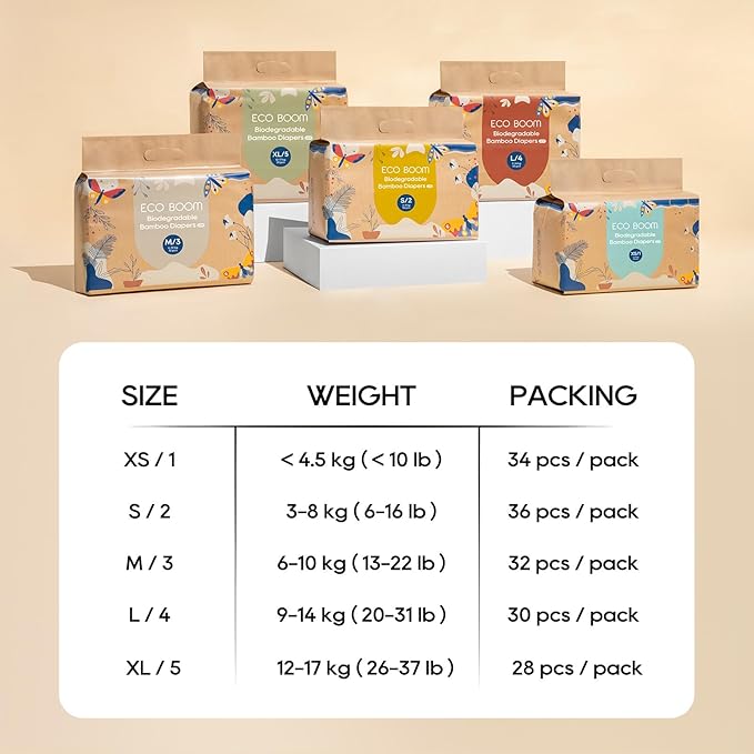 ECO BOOM Bamboo Viscose Baby Diapers, Size 3, 32 Count, Soft & Absorbent Disposable Diapers for Sensitive Skin, Breathable Leak Protection, Eco-Friendly Paper Packaging