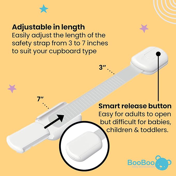 Booboo Baby (4 Pack) Child Proof Refrigerator Lock Fridge Door Locks | Baby Proof Cabinet Drawers, Dishwasher, Garbage Trash Can & Cupboards with 3M Adhesive Locks| Easy Installation No Tools Needed