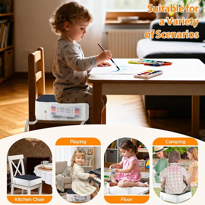 Booster Seat for Kitchen Chair, 3.8" Toddler Booster Seats for Dining Table with Ties, PU Dining Chair Pads with Side Pockets, Non-Slip & Removable Booster Seat for Table Increasing Cushion (Blue)
