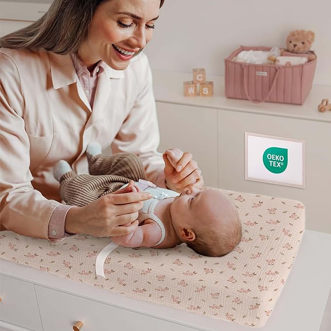 Mi Flor 4 Pack Muslin Changing Pad Cover 16x32x5 inches – Ultra Soft CPC Certified Baby Changing Table Cover with Elastic Corners, 360° Fit, Lightweight, Breathable, Fits Most Changing Pads