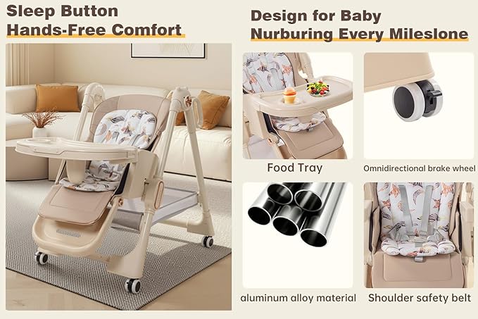 Nine point nine PU Leather Highchair, High Chairs for Babies and Toddlers, Adjustable Baby High Chair, Easy to Fold Baby Chair (X8122 Khaki)