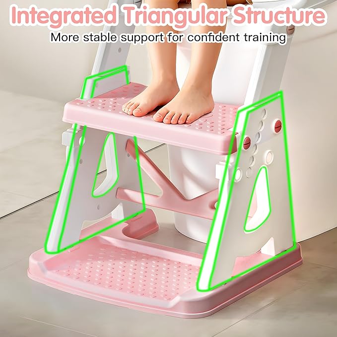 Potty Training Seat, 2 in 1 Potty Training Toilet with Step Stool for Boys Girls, Toddler Toilet Seat with Stabilizer Crossbar, Anti-Slip Pads and Splash Guard, Pink