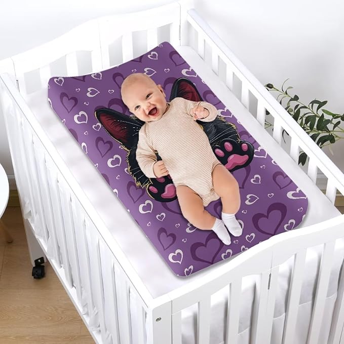 Purple Heart Cat Changing Pad Covers Soft Baby Change Table Covers Breathable Change Sheet Fit for Most Baby Diaper Change Pads Machine Washable