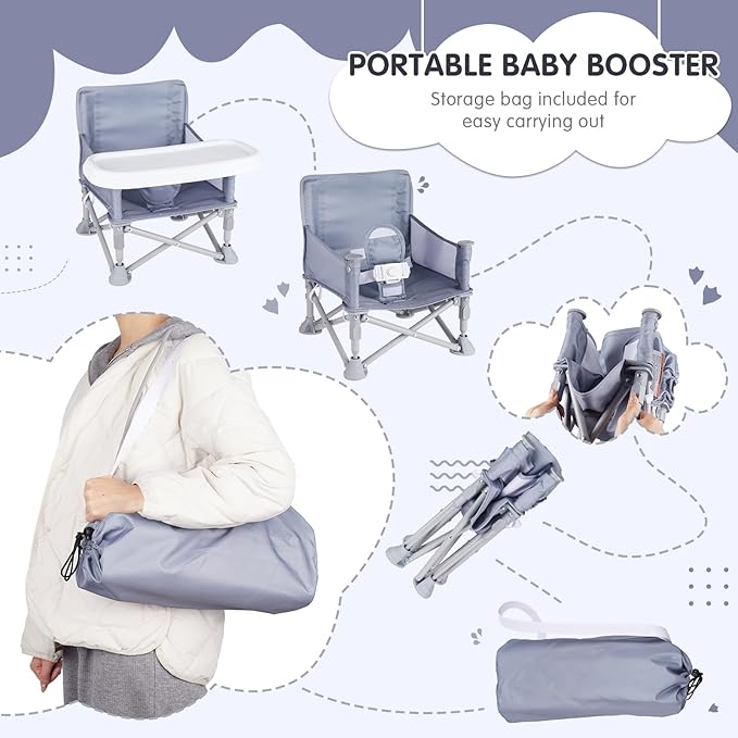 Portable Baby Chair, Folding Booster Seat with Tray for Dining Table Compact Camping Chair for Lawn Beach Travel Babies 6-36 Months