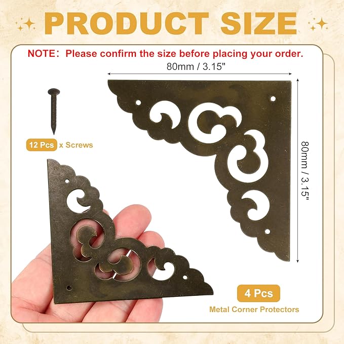 uxcell 4Pcs Brass Corner Protector 3.1 Inch Metal Corner Protector with Mounting Nails Box Edge Guard Retro for Cabinets Speaker Corners Furniture Decorative (Bronze)