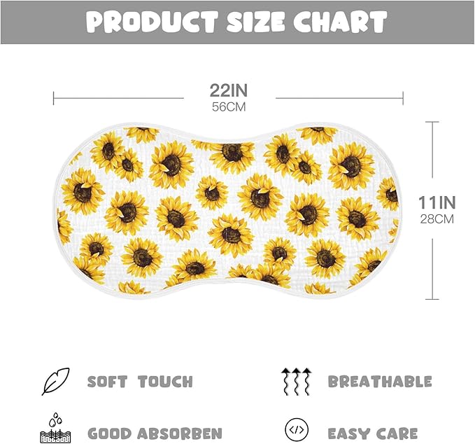 Muslin Burp Cloths for Baby Boys and Girls - 2-Pack Ultra Absorbent Sunflower Muslin Washcloths, Newborn Towel, Milk Spit Up Rags, Burp Cloth Bibs for Unisex, 22 x 11 Inch