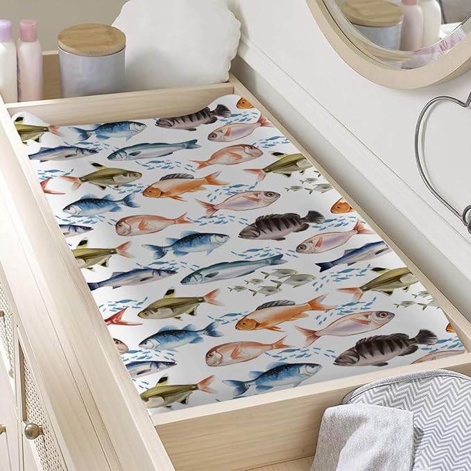 Watercolor Fish Baby Changing Pad Covers for Boy Girl 32''x16'' Freshwater Fishes Fitted Diaper Changing Table Pad Mats Outdoor Fishing Lovers Gift Comfort Soft Breathable Cradle & Bassinet Sheets