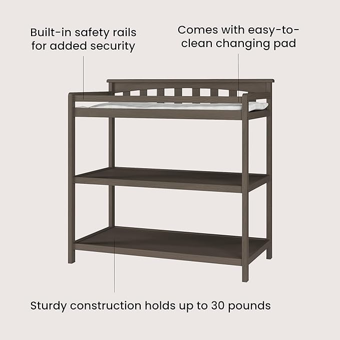 Child Craft Flat Top Infant Changing Table, Water-Resistant Pad and Safety Strap, Anti-Tip Kit Included to Prevent Tipping, Non-Toxic, Baby Safe Finish (Dapper Gray)