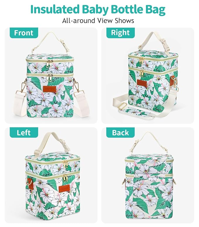 PIIOSER Breastmilk Cooler Bag with Ice Pack, Fits 6 Baby Bottles Up to 9 Oz, Stylish Baby Cooler Travel Bags with Shoulder Strap, Double Layer & Leakproof for Nursing & Working Moms Daycare, Floral