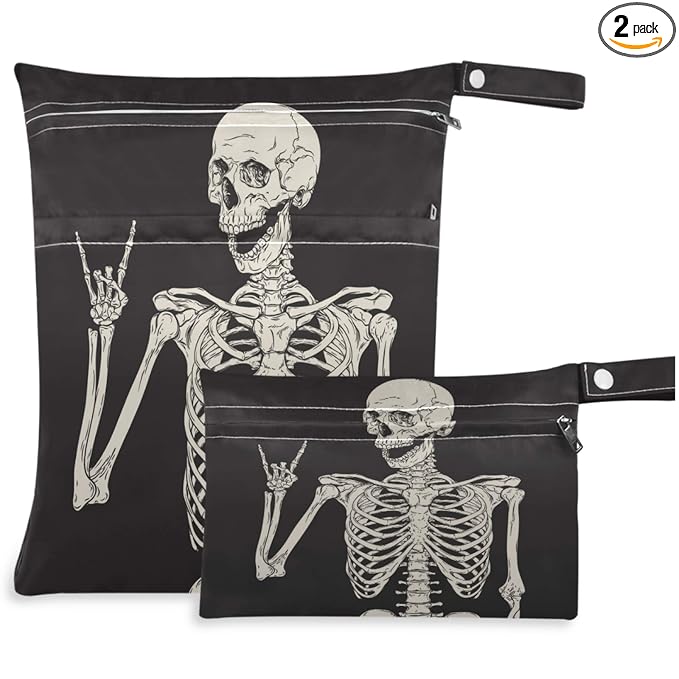 visesunny Funny Human Skeleton 2Pcs Wet Bag with Zippered Pockets Washable Reusable Roomy for Travel,Beach,Pool,Daycare,Stroller,Diapers,Dirty Gym Clothes, Wet Swimsuits, Toiletries