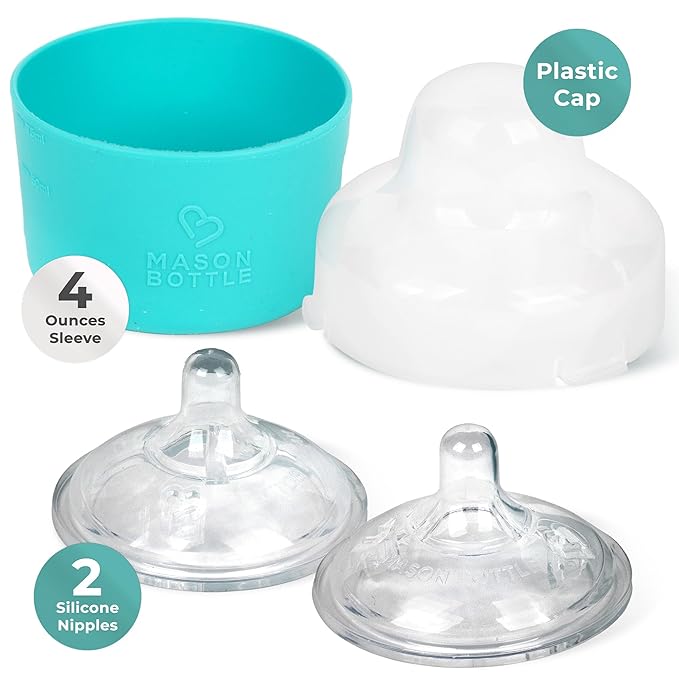 Complete Baby Glass Bottle & Breastmilk Storage Kit | 8oz Mason Jars w/Lid + Slow & Medium Flow Nipples (0-6 Months) + Plastic Mason Jar Rings & Caps + Silicone Sleeves
