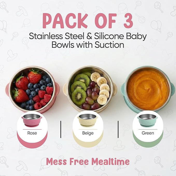 o'doe Suction Bowls for Baby - Non-Toxic Stainless Steel Baby Bowls 5" with Non-Slip Removable Silicone Shell - BPA-Free Toddler Bowls for Babies Self Feeding