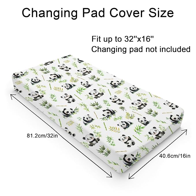 Watercolor Panda Green Leaves Baby Changing Pad Cover Sheets for Boy Girl 32''x16'' Cute Bear Unisex Fitted Diaper Changing Table Sheets Soft Breathable Baby Changing Table Mats