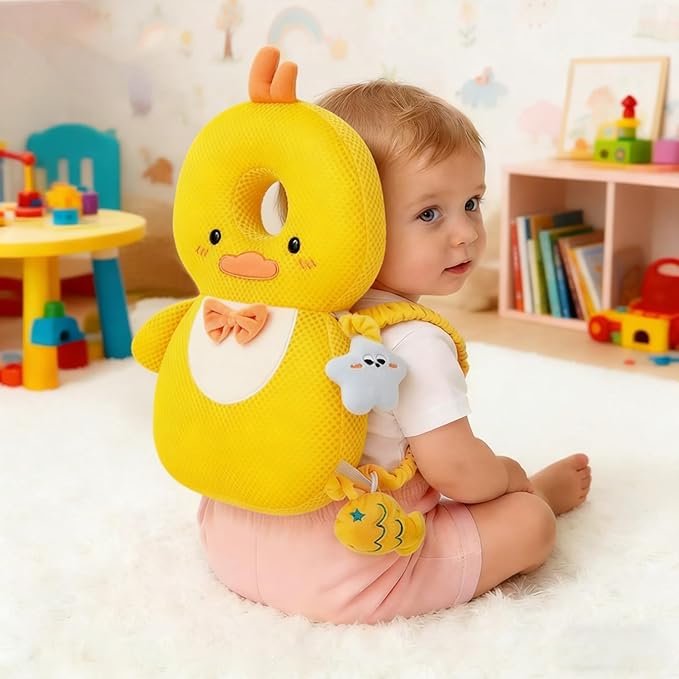 Baby Head Protector Backpack, Toddler Baby Head Protection Backpack with Baby Knee Pads Alarm Function for Walking & Crawling, Soft, Breathable and Wearing Safety Baby Head Protector- Yellow Chick