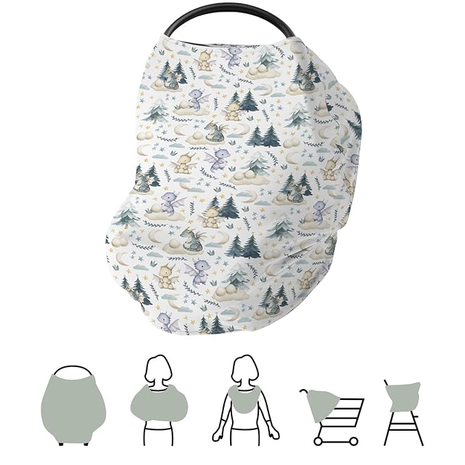 Fairytale Dragons Car Seat Cover for Babies Cute Dragon Moon Stars Clouds Trees Eggs Stretchy 5-in-1 Cover Adjustable Car Canopy Breastfeeding Cover Fantasy Animal Breathable Nursing Cover-Up