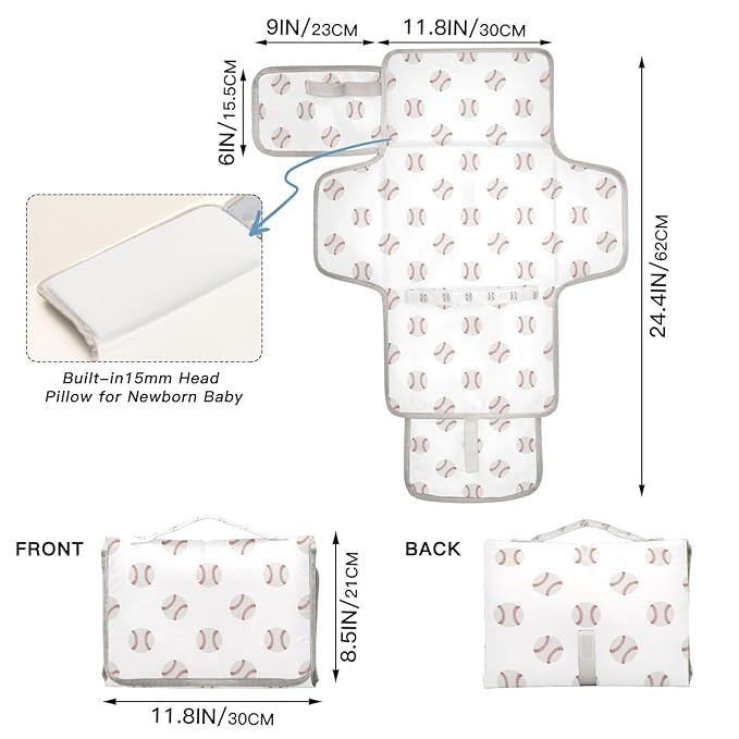 White Baseball Portable Diaper Changing Pad with Wipes Holder, Vintage Sport Foldable Baby Diaper Changer Travel Bag Cartoon Balls Baby Changing Mat with Built-in Pillow for Newborn