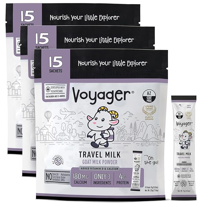 Voyager Travel Goat Milk Powder for Toddlers, Kids, Adults - On-The-Go, Easy to Digest, Whole Powdered Goat Milk with No GMO’s, No Antibiotics, No Refrigeration, 45 Sachets of 15g - 3 Pack