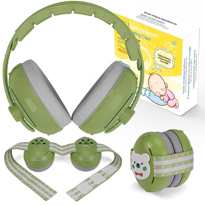 Empireway Baby Ear Muffs Noise Protection 2-in-1 for Infants & Toddlers to 1-48 Months,Adjustable, Lightweight,Foldable Noise Cancelling Headphones,GS010-Green