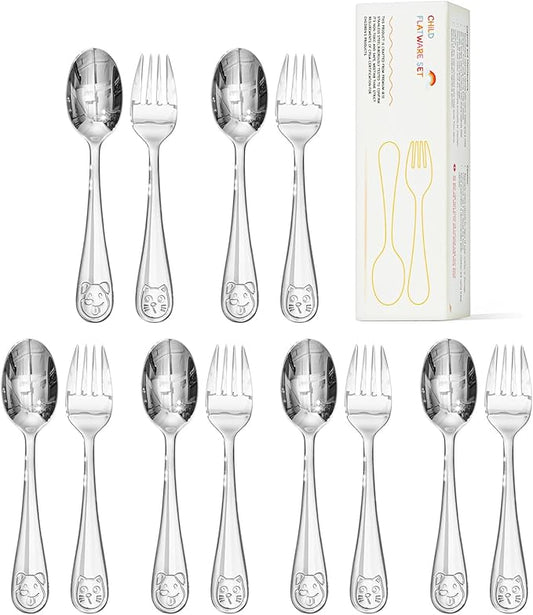 KINGSTONE Toddler Utensils Set, 12-Piece Small Forks & Spoons, 18/10 Stainless Steel, Cat & Dog Print, Ergonomic Self-Feeding Kids Flatware for Toddlers, Home & Preschool