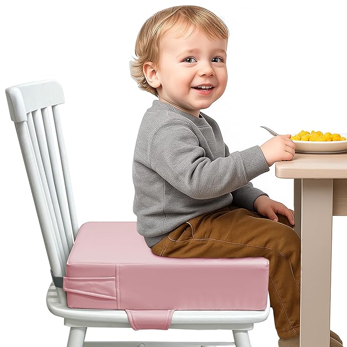 Toddler Booster Seat for Dining Table – PU Washable Cushion with Double Safe Straps, Non-Slip Bottom, Portable Travel Booster Seat for Toddlers (Pink)