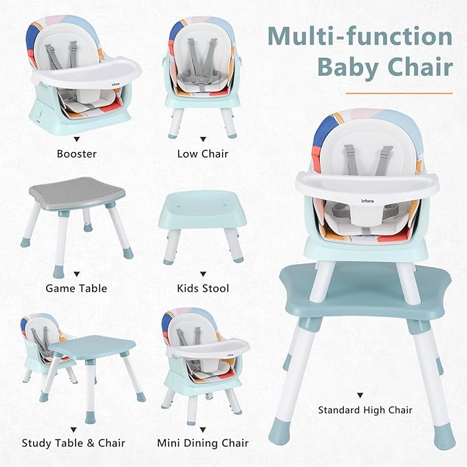 INFANS 8 in 1 Baby High Chair, Convertible Highchair for Babies and Toddlers, Infant Dining Booster Seat, Building Block Table, Kids Stool Table Chair Set with Removable Tray