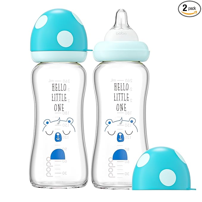 YOHKOH Natural Glass Baby Bottle with Level 2 Medium Flow Nipple, Newborn Anti-Colic Baby Bottles, Wide Neck Mushroom Baby Glass Bottle (8.8ounce (Pack of 2), Blue1)