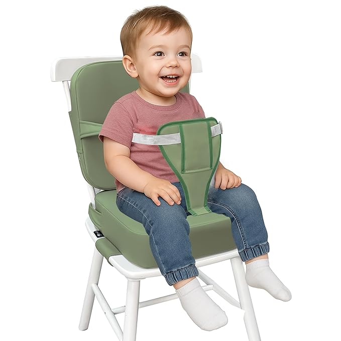 Eiury Toddler Booster Seat for Dining Table – Non-Slip PU Waterproof Cushion with Backrest & Adjustable Straps, Portable Baby Booster Seat (Green)