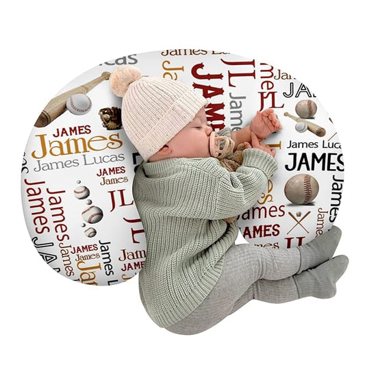 Baby Nursing Pillow Cover - Personalized Name Baseballs Design Breastfeeding U-Shaped for Bottle Feeding, Ultra Soft Comfortable Breastfeeding Pillow Cover for Infant Baby Boys and Girls