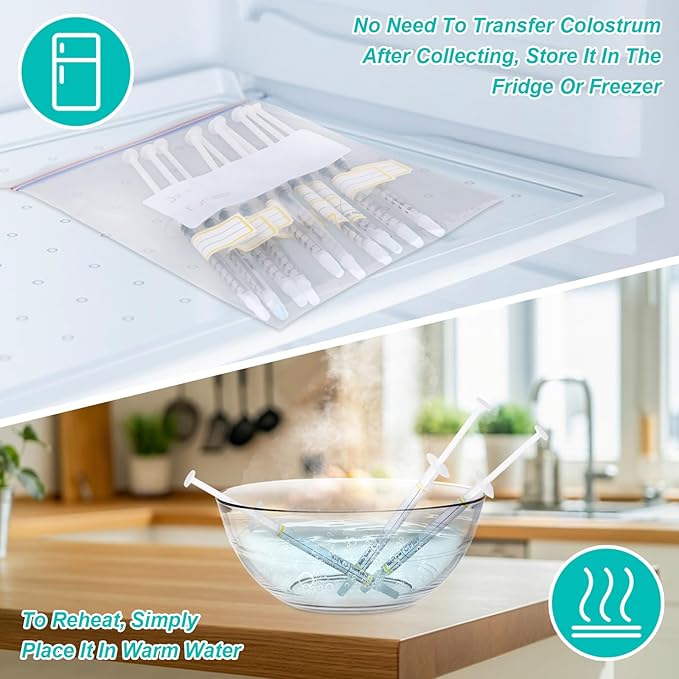 50 Sets 1ml Colostrum Syringes with Caps No Needle Colostrum Collector Kit Include 50pcs 1ml Sterile Syringes, 50 Labels, 5 Storage Bags and 1 Measuring Cup