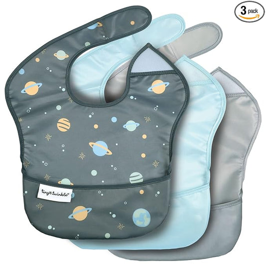Tiny Twinkle Mess-Proof Baby Bibs for Eating | Waterproof, Wipeable Toddler Bibs with Catch-All Pocket | Feeding Bibs for Girls & Boys(3 Pack, Space)