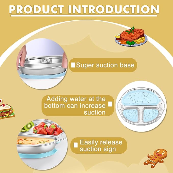 304 Stainless Steel Baby Plates Suction Plates for Baby Stainless Steel Plates for Kids with Suction Divided Designed for Feeding Children（Blue）