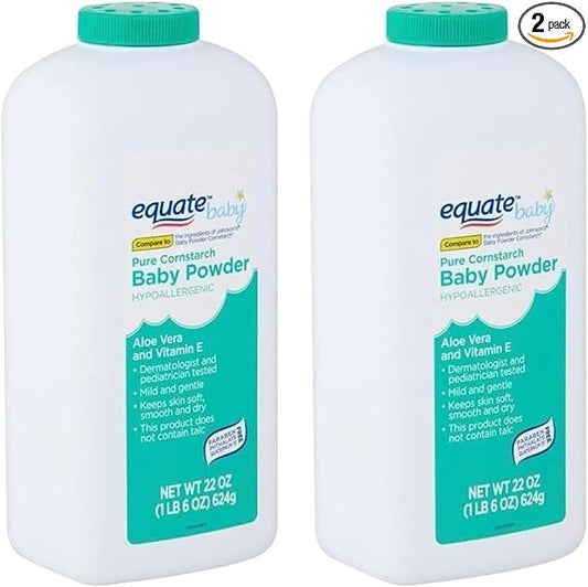 Pure Corn Starch Baby Powder Equate. Hypoallergenic Vitamine E & Aloe Vera-Talc-Free(Pack 2, 22 Oz.)