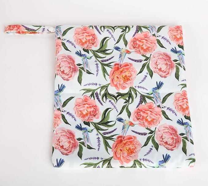 Wet Dry Bag Baby Cloth Diaper Nappy Bag Reusable Washable With Two Pockets Girls (Hummingbirds Floral)
