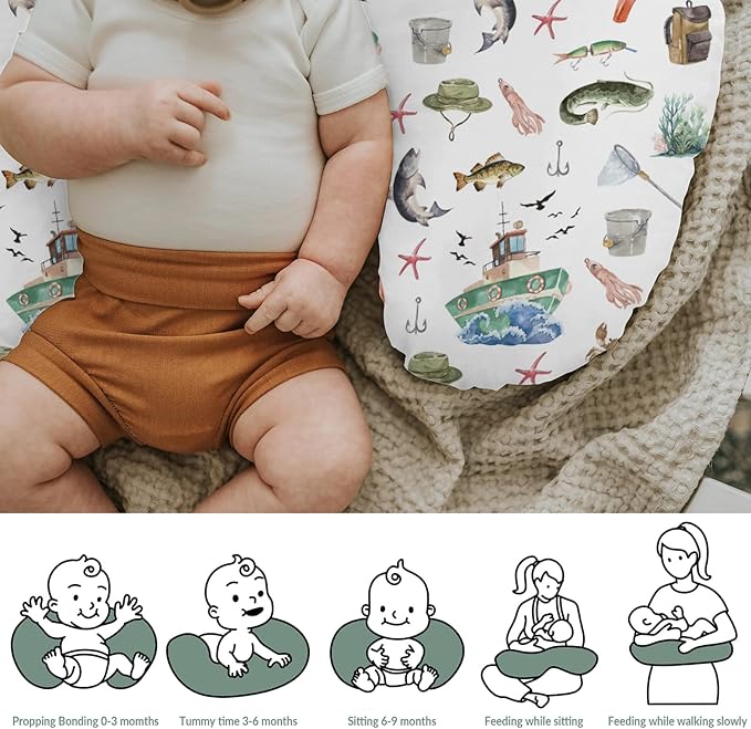 Gone Fishing Baby Nursing Pillow Covers for Boy Girl Ocean Boats Fishes Crabs Seaweed Nursing Pillowcase for Breastfeeding Pillows Fishing Lovers Gift Soft Stretchy Slipcovers for Newborn Infant