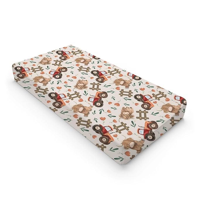 Cartoon Highland Cow Tractor Flowers Floral Leaves Pattern Baby Changing Pad Cover, Unisex Farm Animals Nursery Diaper Changing Table Pad Mat Sheet for Boys Girls-16x32
