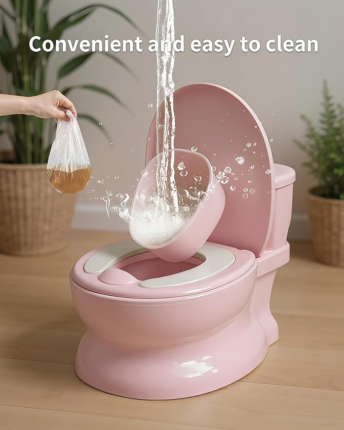 Realistic Potty Training Toilet - Flushing Sounds, Wipes Storage, Disposable Liners, Easy to Clean for Toddler Boys and Girls (Pink)