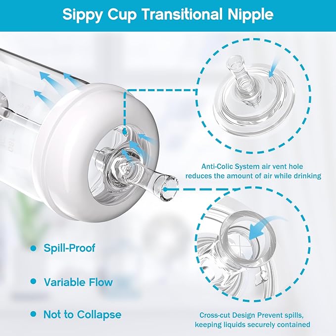 Sippy Straw Nipple for Dr. Brown's Wide-Neck Baby Bottles & Sippy Spout Bottles,Leak-Proof Replacement Silicone Bottle Nipple BPA-Free, 8m+, 4 Count