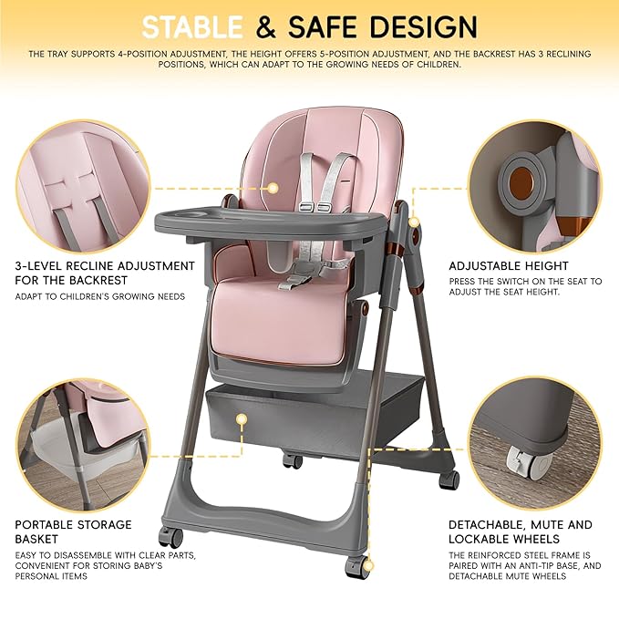 Foldable High Chair for Toddlers with Removable Double Tray & Storage Basket, 5 Height Levels Baby Eating Chair,3 Recline & Footrest Positions, Lockable Wheels,Easy Clean Feeding Chair (Pink)