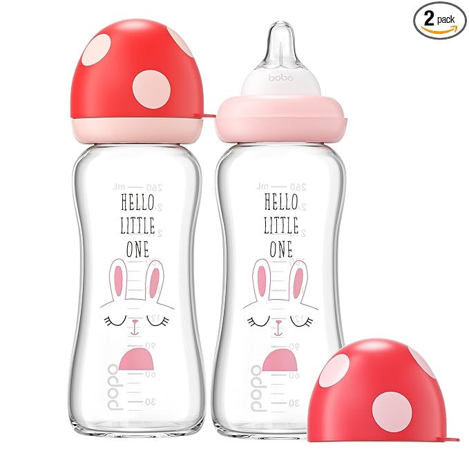 YOHKOH Natural Glass Baby Bottle with Level 2 Medium Flow Nipple, Newborn Anti-Colic Baby Bottles, Wide Neck Mushroom Baby Glass Bottle (8.8ounce (Pack of 2), Red1)